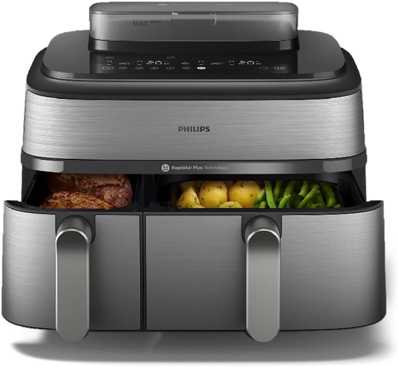 friteuse à air chaud Philips – 9 L | Noir/Argent, Airfryer Série 5000 - Air Fryer double panier avec cuisson vapeur
