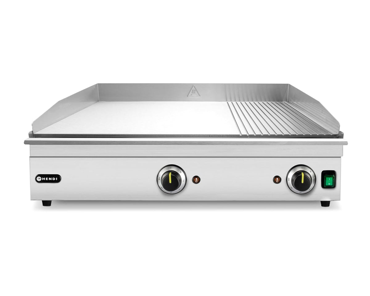 table de cuisson HENDI, plaque de cuisson – 230 V | 3500 W, 697x474 – 233 mm | Argent, Plancha à griller électrique mixte 2/3 lisse et 1/3 rainurée