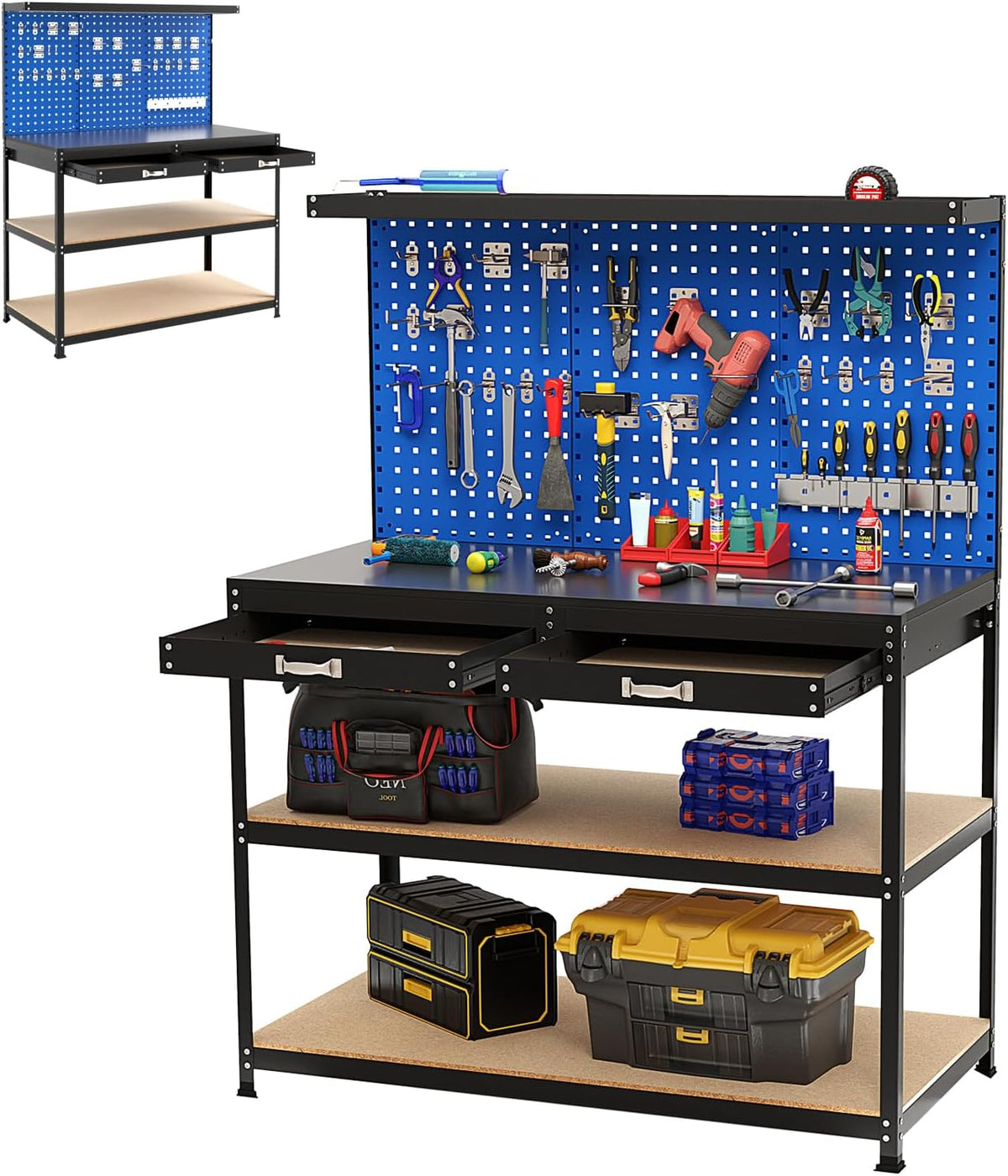 Établis SOARS – 121 X 61 X 156 CM | Noir/Bleu, Établi Atelier Garage – Rangement Outils en Métal en 3 Panneaux Perforé avec Kit de 24 Crochets