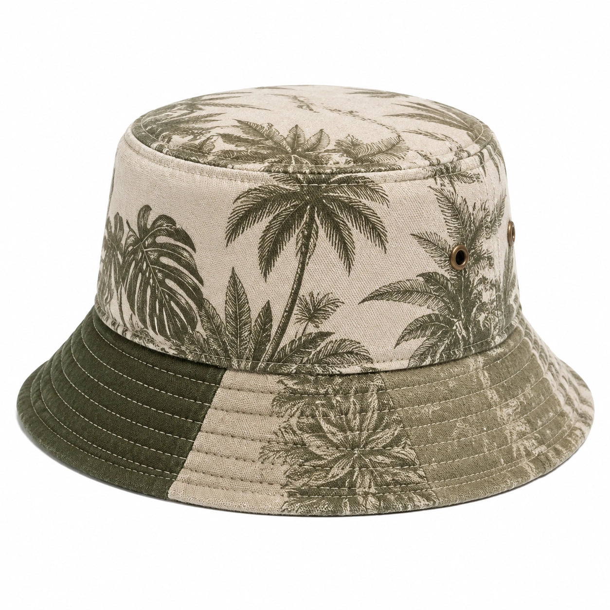 Chapeau bob taille unique en tissu beige et vert à motif tropical réversible