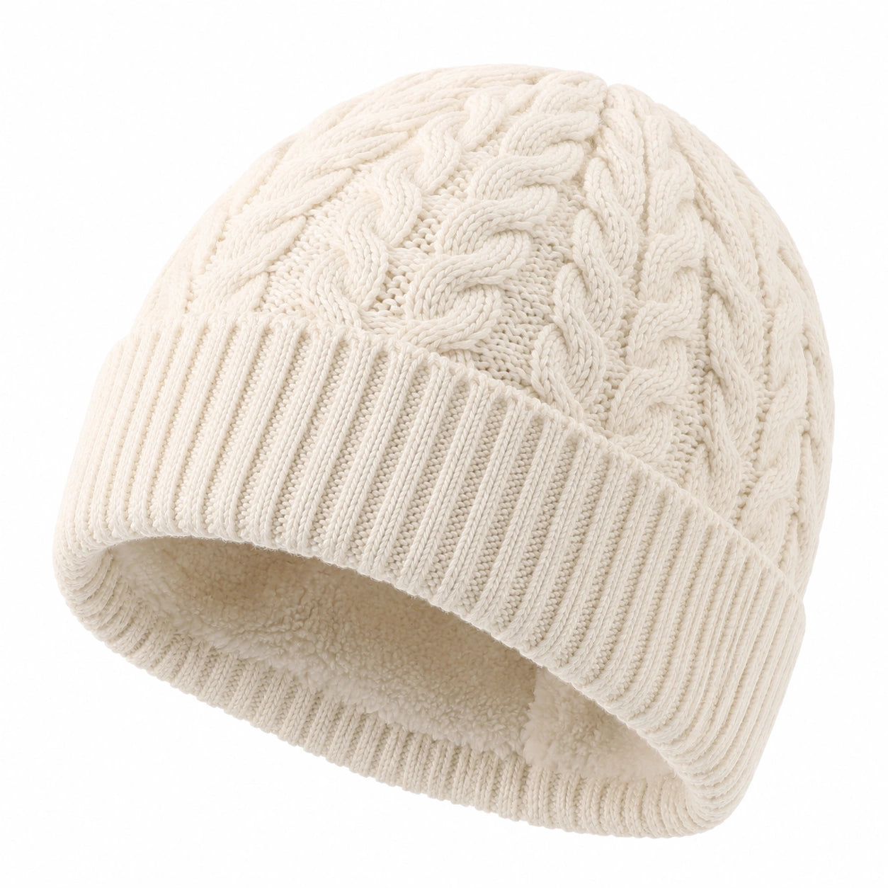 Bonnet taille unique en maille torsadée crème doublé pour hiver