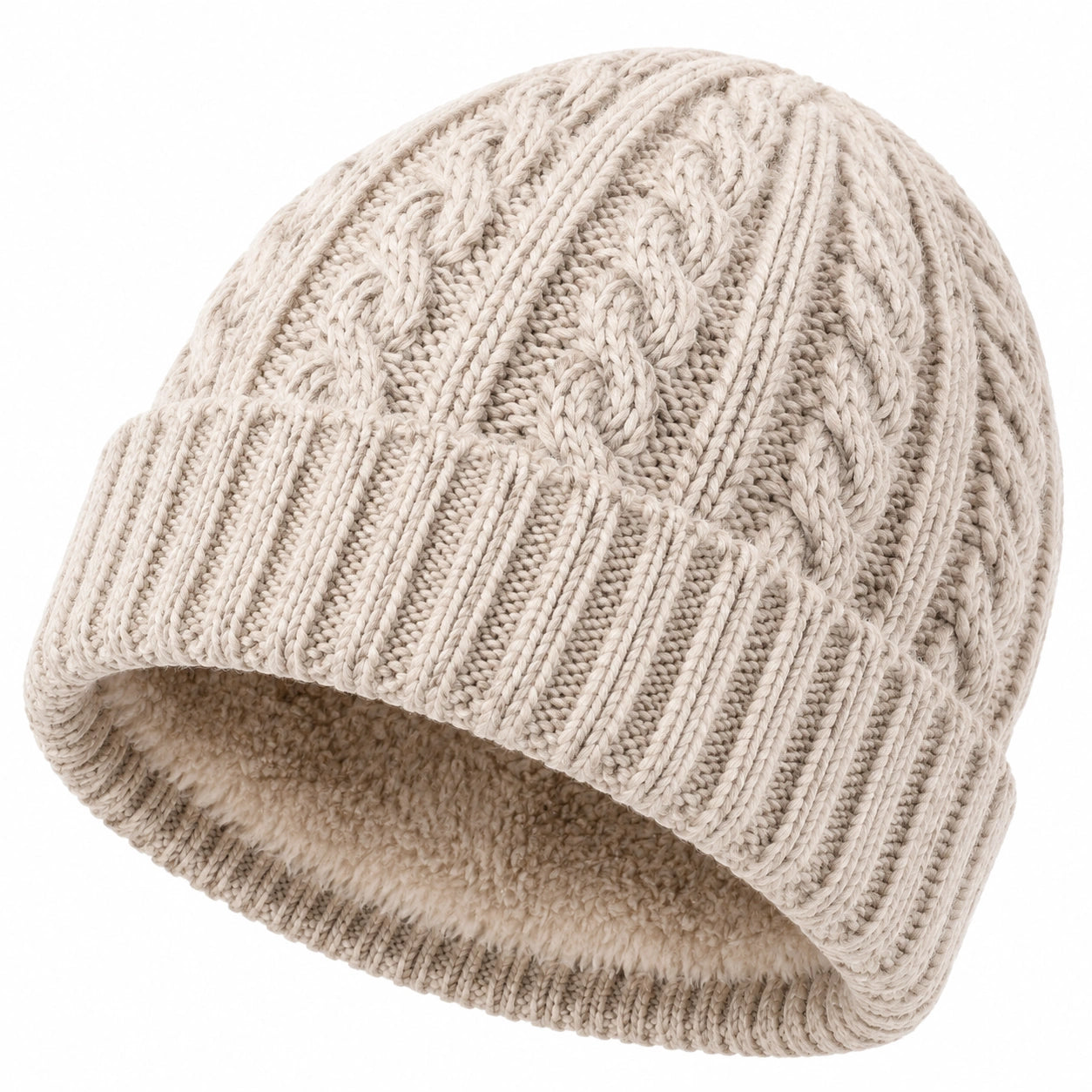 Bonnet en maille torsadée écru taille unique doublé polaire style hivernal