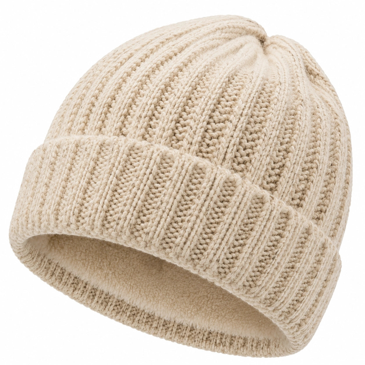Bonnet taille unique en maille côtelée beige avec doublure chaude - style hivernal