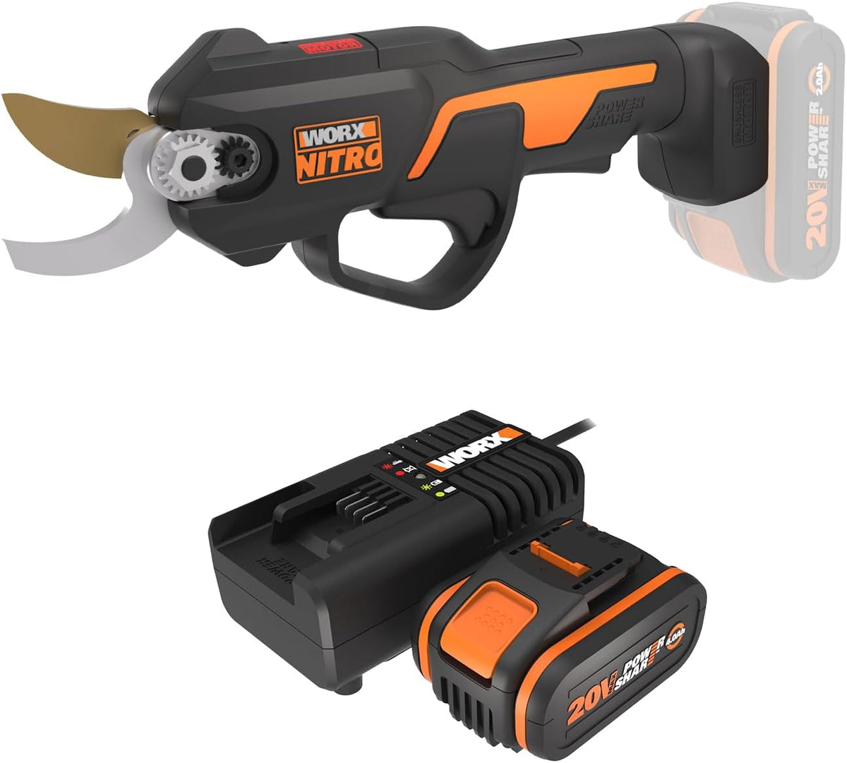 Outillage de jardin WORX – 20 V | 4 Ah, 25 mm – Noir/Orange | PACK NITRO Sécateur sans Fil WG330E + Kit batterie