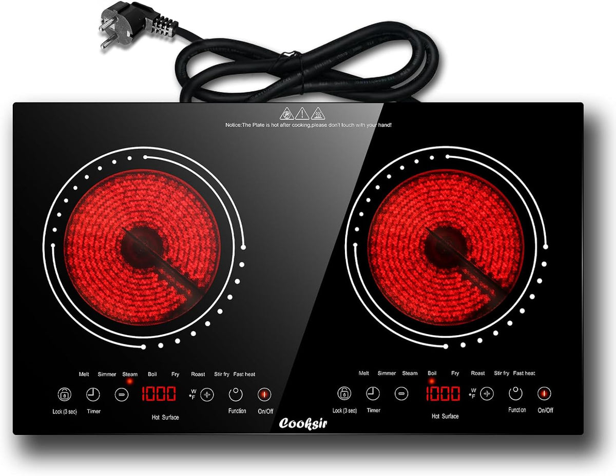 table de cuisson Cooksir | 3600 W, 60 cm – Noir/Rouge | Plaque Vitrocéramique 2 Feux, Plaque de Cuisson avec Prise