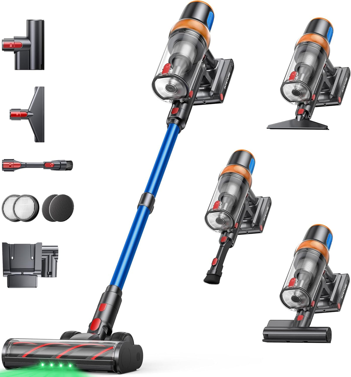 aspirateur balai sans fil INTETURE | 600 W, 50 kPa – Bleu/Noir/Orange/Rouge | Aspirateur sans fil, aspirateur balai avec écran tactile
