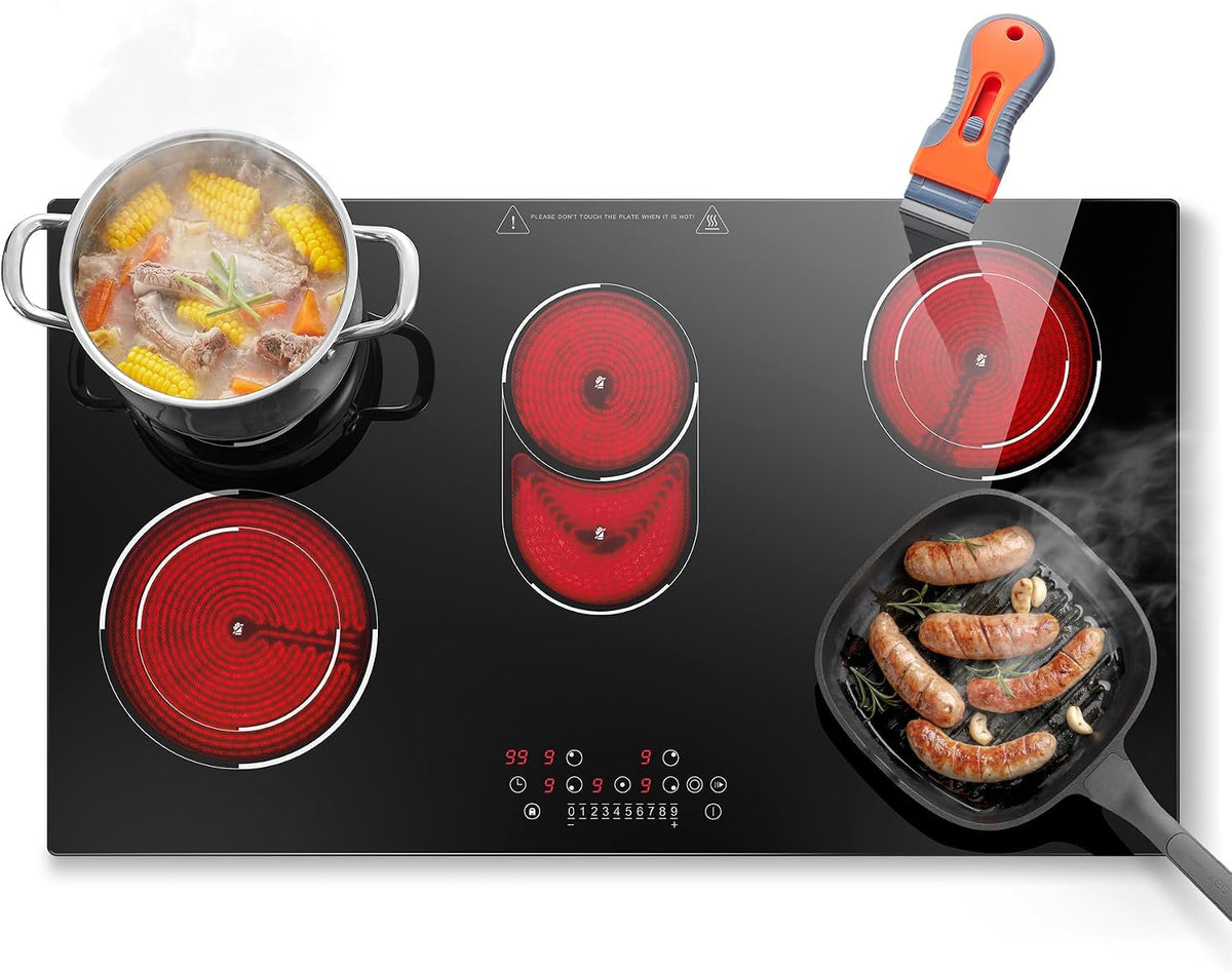 table de cuisson SNDOAS | 8400 W, 90 cm – Noir | Plaque Vitrocéramique 5 Feux, Plaque de cuisson Electrique avec Zone Ovale Pour Plats à rôtir
