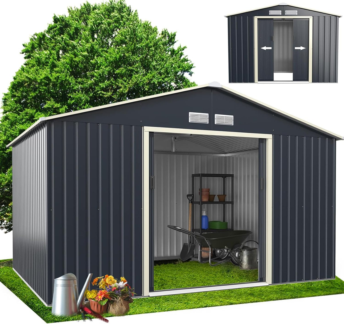Abris de jardin RELAX4LIFE | 8 m2, 340x255x210 cm – Gris | Abri de Jardin Métal avec Porte Coulissante Toit en Pente