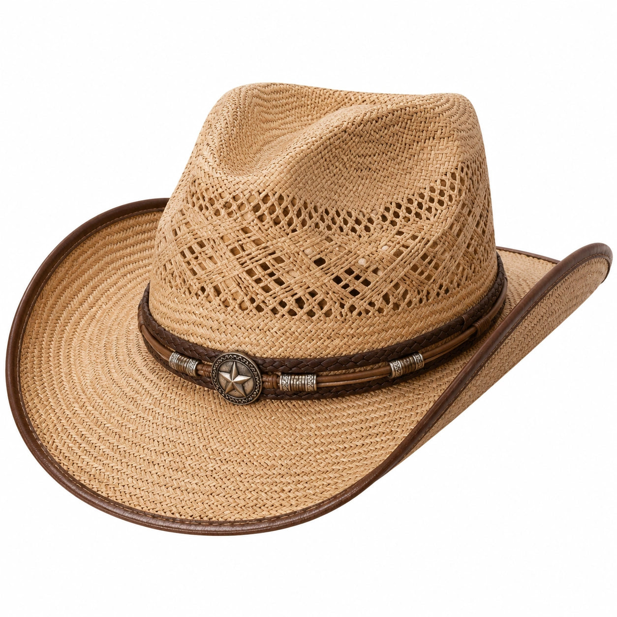 Chapeau cowboy taille unique en paille beige tressée - bord large aéré