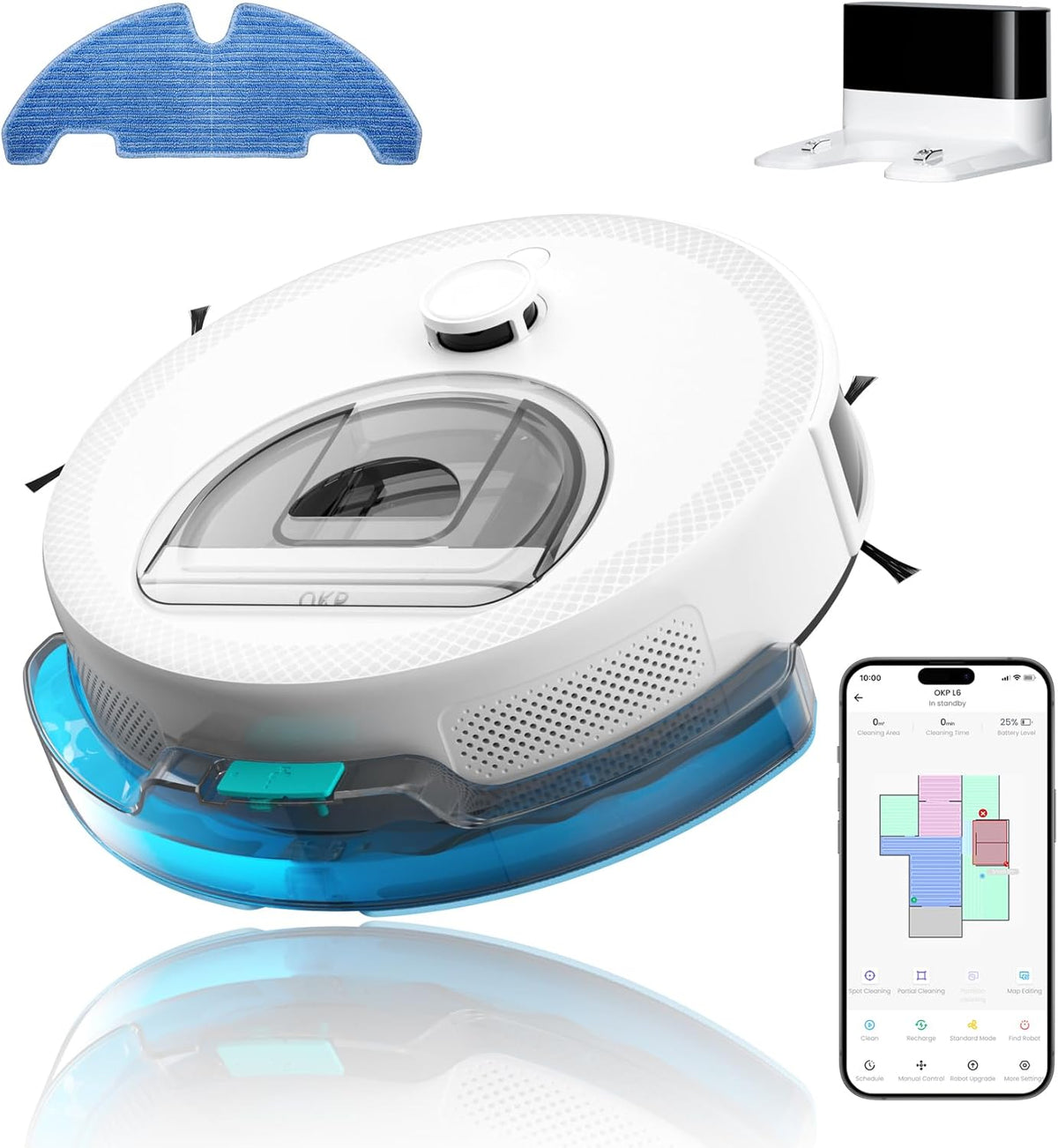 robot aspirateur OKP | aspirateur robot, 2.4G – 5G | Blanc/Bleu, L6 Aqua Laveur 3 en 1 – Navigation Laser dToF | Évitement d'obstacles PSD
