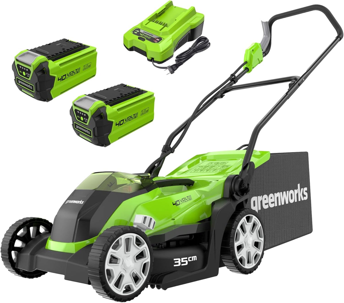 Greenworks tondeuse à gazon, 40 V – 400 m | 35 cm, 40 L – 2 Ah | Vert/Noir, Sans Fil pour Pelouses Jusqu'à ² – Largeur de Coupe