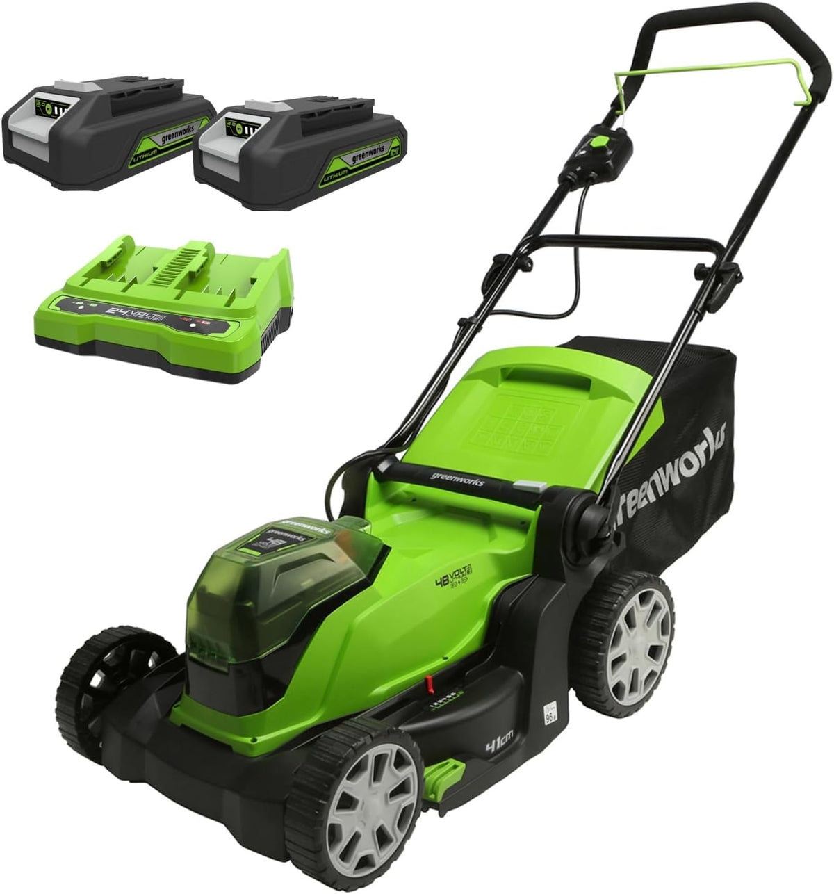 tondeuse à gazon Greenworks – 48 V | 24 V, 440 m – 41 cm | 50 L, Vert/Noir – ( x 2) Sans Fil pour Pelouses Jusqu'à ²