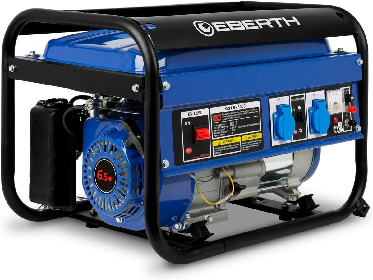 EBERTH groupe électrogène, 2x 230 – 1x 12 | Bleu/Noir, démarrage par câble – régulateur tension automatique AVR