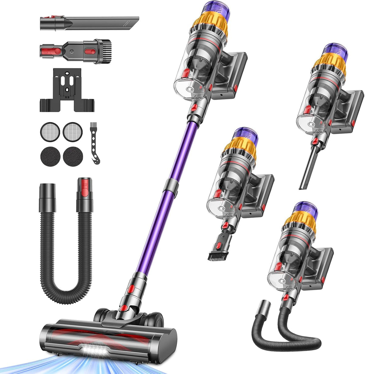 SICBCGB aspirateur balai sans fil, aspirateur sans fil – 550 W | 48kPa, 2.0 L – Violet/Argent/Jaune | 70Min, Recharge Murale
