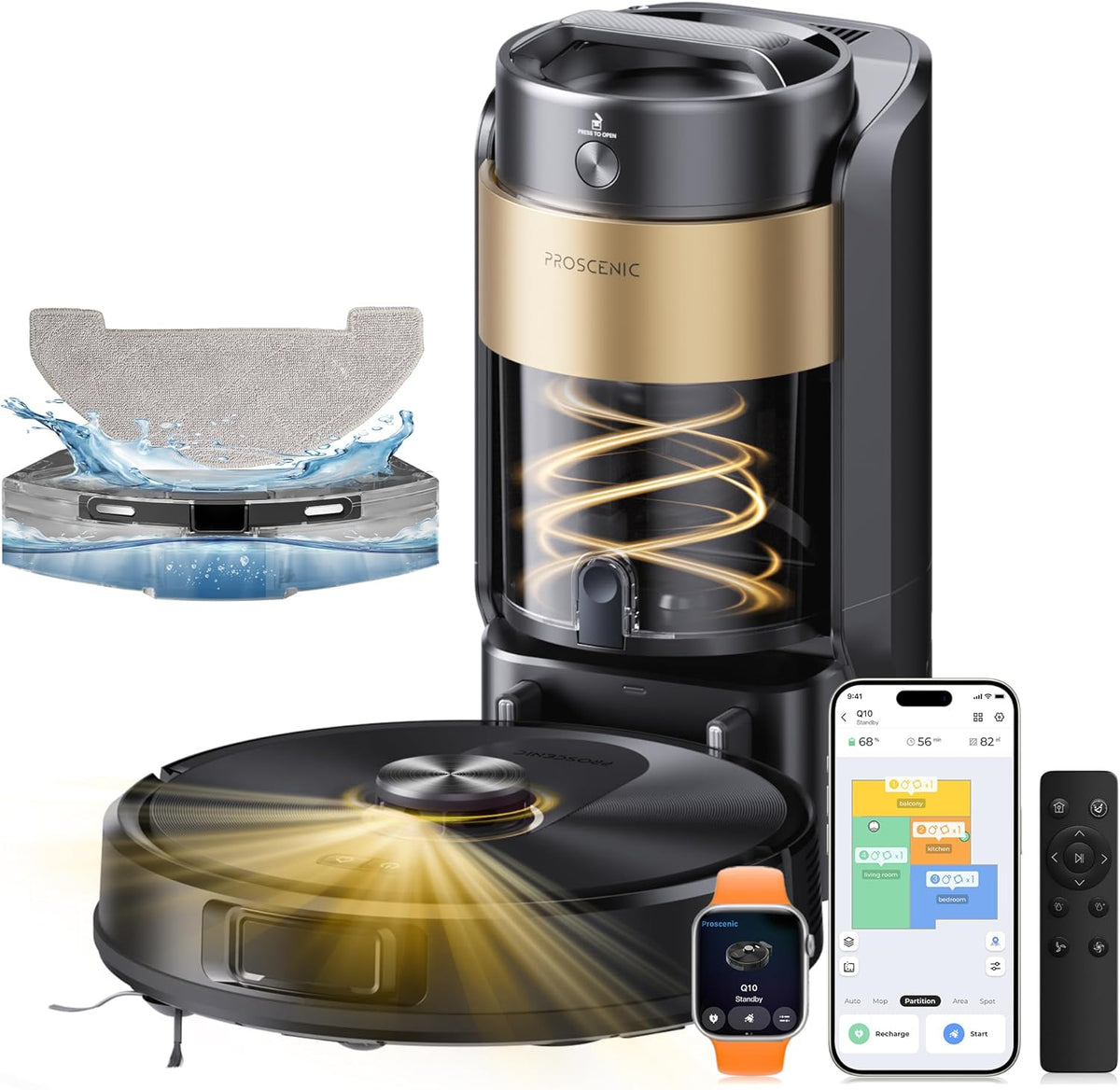 Proscenic robot aspirateur, Noir/Or – Q20 Plus Laveur 10000Pa avec Station Sans Sac Vidage Automatique | 200Min Aspirateur Robot et Serpillière