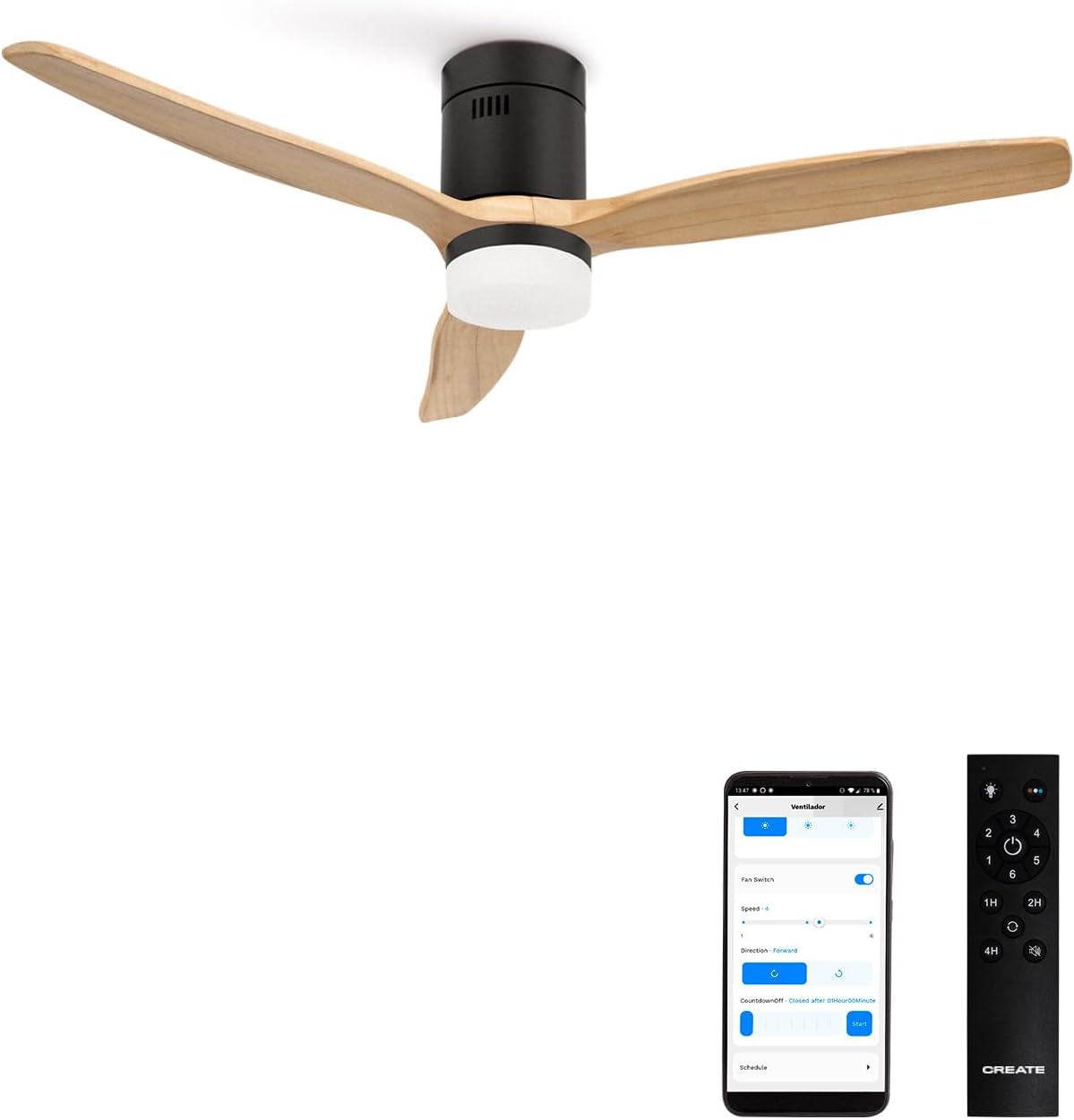 Ventilateurs CREATE | 40 W, 112 cm – Bois Clair/Noir | WINDCALM S Ventilateur de plafond ABS avec lumière, silencieux