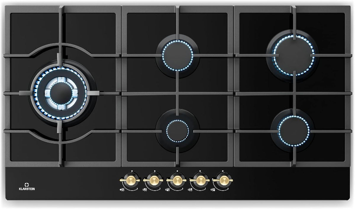 table de cuisson KLARSTEIN | 11100 W, Noir – à Gaz avec 5 Brûleurs | Plaque de Cuisson Encastrable, Surface en Acier Inoxydable