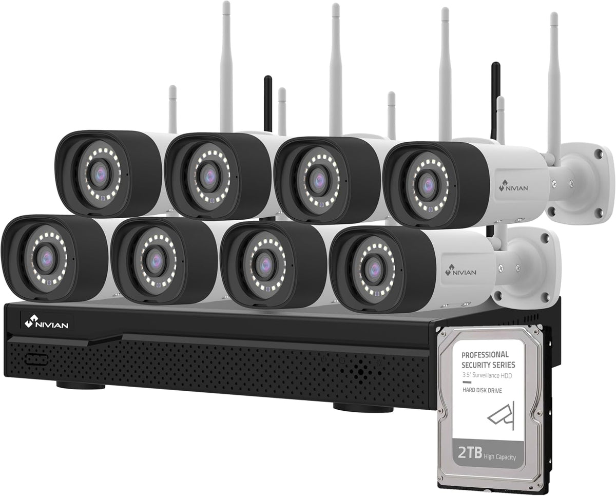 NIVIAN Caméras statiques, Noir/Blanc – Kit Caméras de Surveillance WiFi 2K Professionnel avec 8 Caméras IP