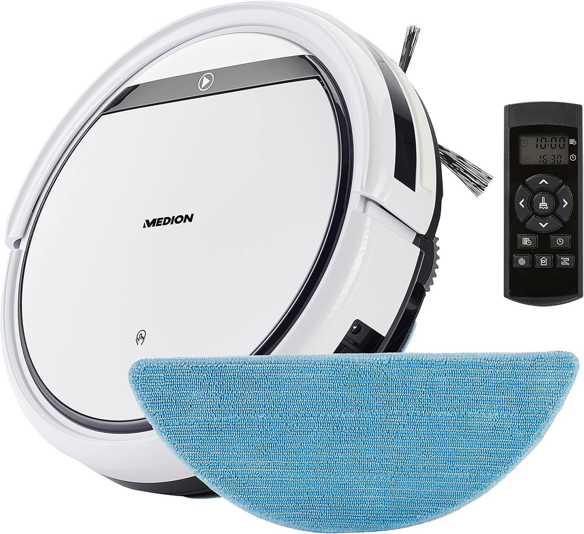 robot aspirateur MEDION | aspirateur robot, Blanc/Noir/Bleu – E32 SW Laveur avec Station et télécommande (2 en 1 | 120min d'Autonomie