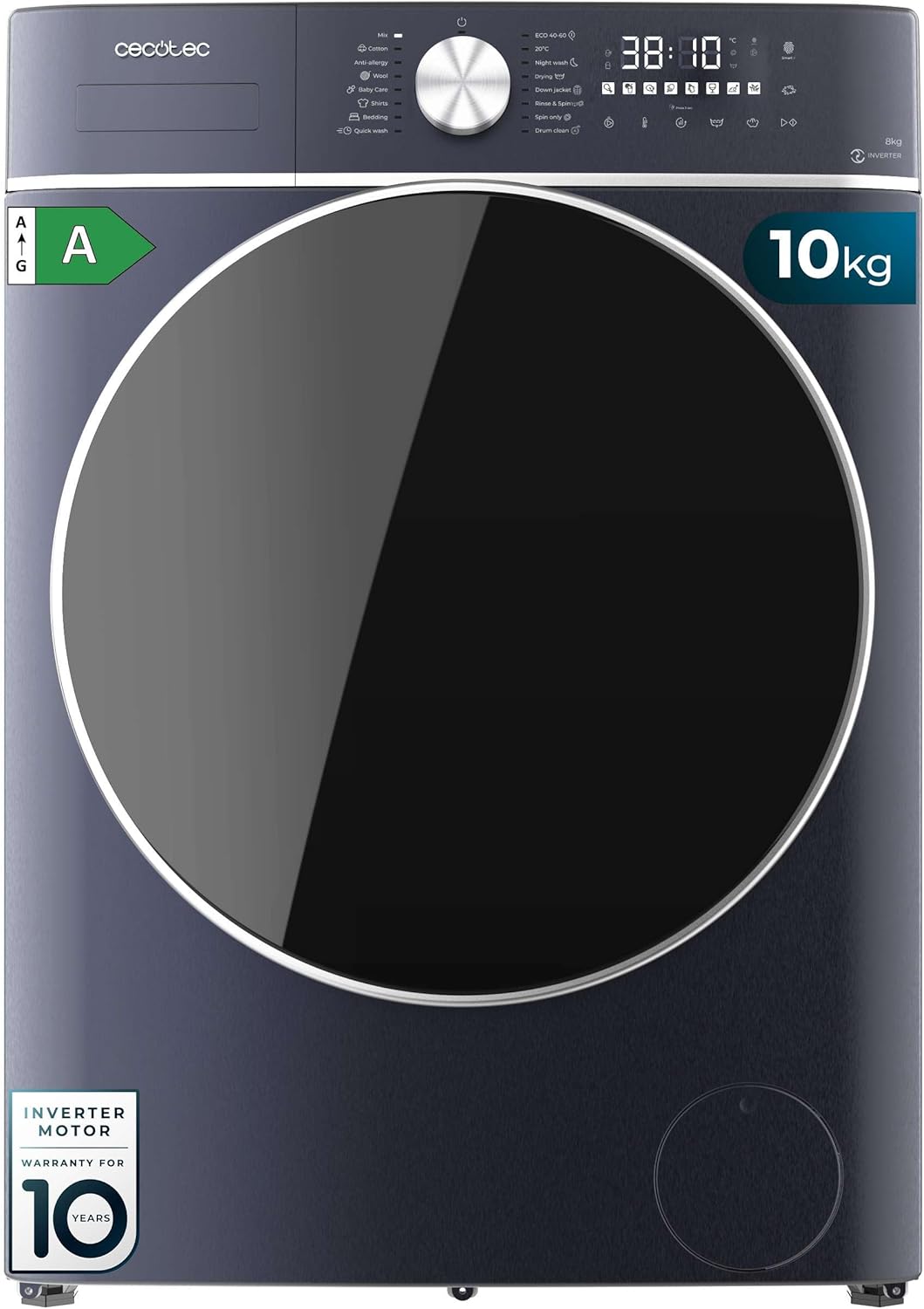lave-linge Cecotec – machine à laver | 10Kg, 6Kg – 1400 tr/min | Bleu/Noir, Séchant + Chargement Frontal Bolero Wash&Dry 10680 Inverter Ice Blue A