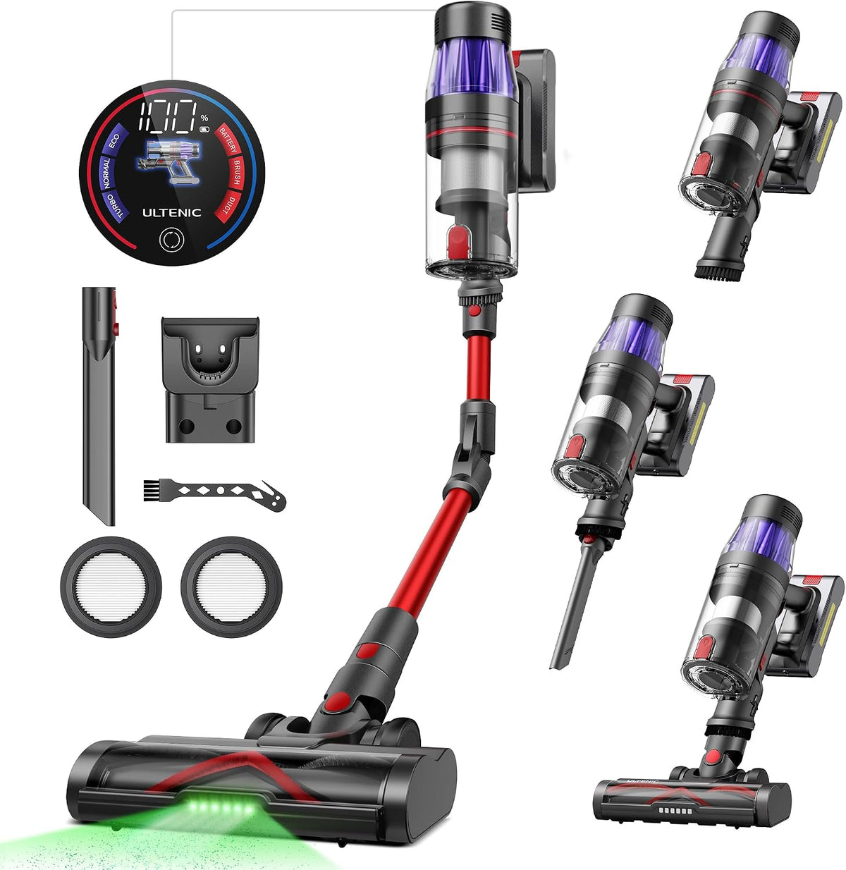 aspirateur balai sans fil Ultenic – 50kPa | Rouge/Noir/Gris, U16 Flex – 60min Aspirateur sans Fil Puissant | Détection GreenEye