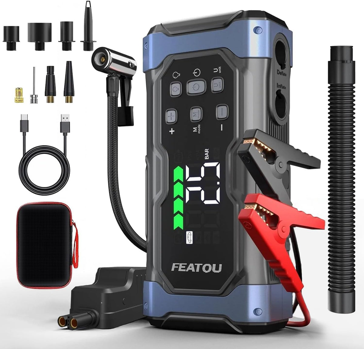 Démarreurs Featou | 12 L, 30 W – 12 V | Noir/Bleu/Rouge, 7000A Booster Batterie Voiture avec Gonfleur – Charge Rapide