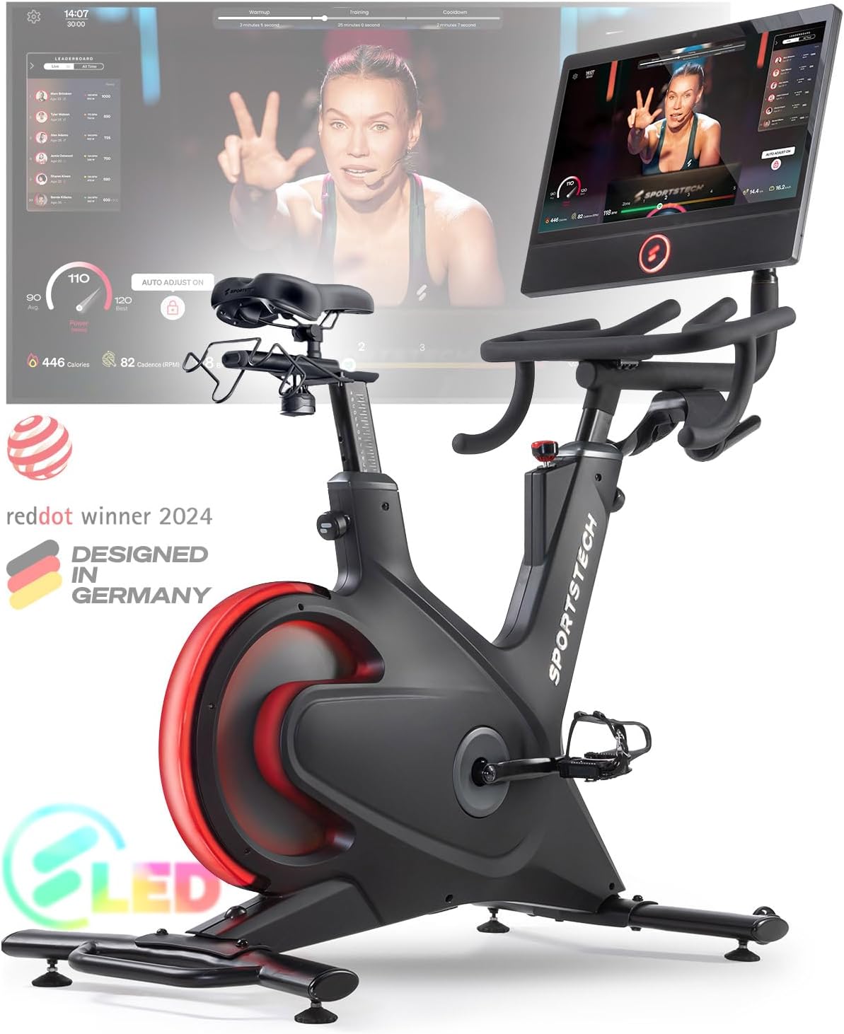 Cardio-training Sportstech | Noir/Rouge, Vélo d'intérieur Smart sBike – écran tactile de 21 | 5' + LED, Vélo d'exercice Speedbike Fitness Bike