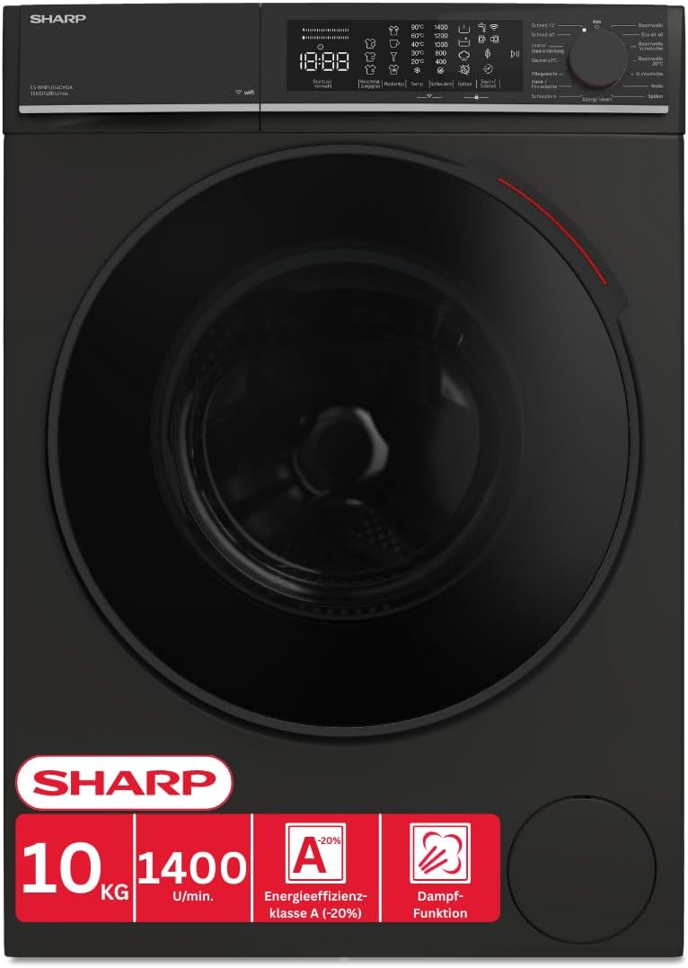 Sharp lave-linge, machine à laver – 10 kg | 1400 tr/min, Noir