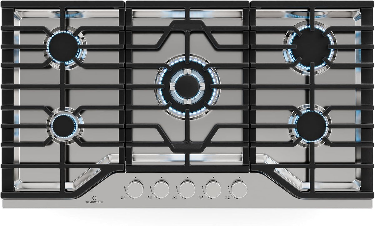 table de cuisson KLARSTEIN | 3.4 kW, Noir/Argent – Turbocast Plaque De Cuisson Gaz - 5 Brûleurs | Inox 304, Allumage Auto & Sécurité