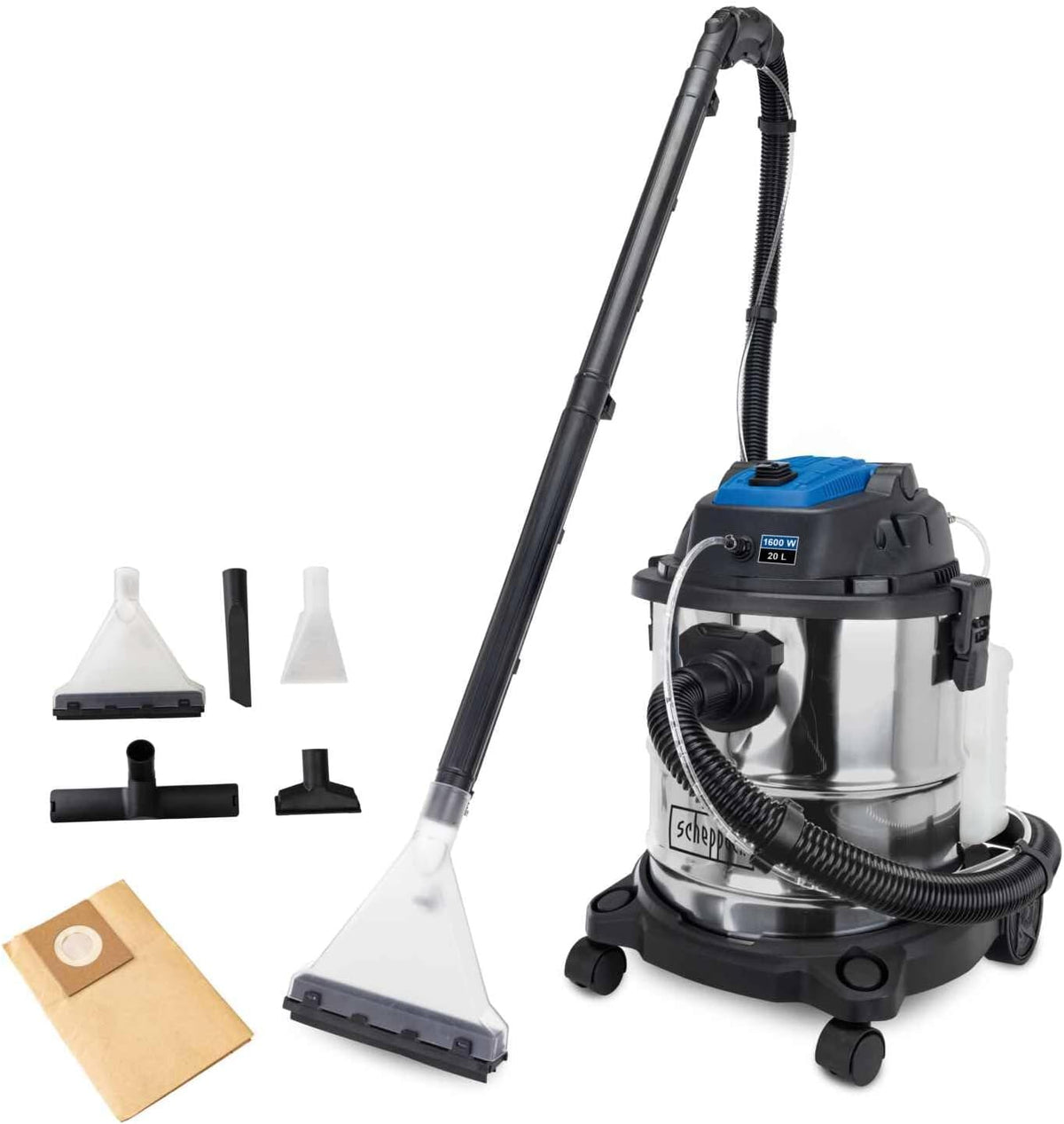 aspirateur eau et poussière Scheppach – 1600 W | Noir/Bleu/Argent, Aspirateur injecteur-extracteur SprayVac20- - 5 en 1 - Vaporisateur