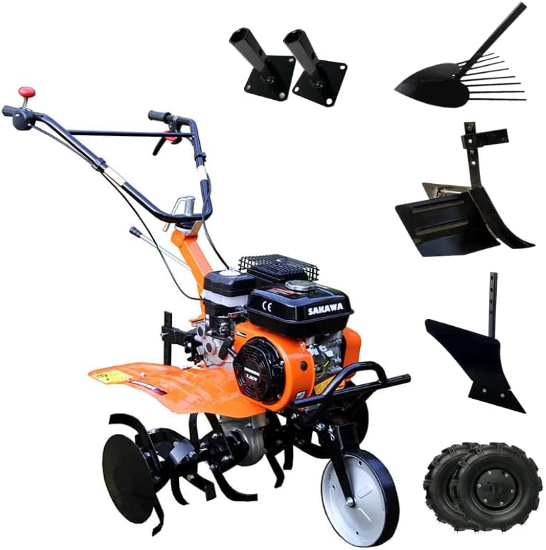 motoculteur SAKAWA | Orange/Noir, Motobineuse roues + arrache-pommes de terre + arroseur + verseur