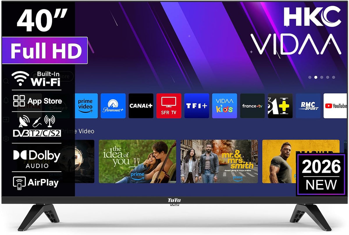 téléviseur HKC | 40 Pouces, 100 cm – Noir | Smart TV ( ) FHD, sans Bord Connectée Télévision avec WiFi – Bluetooth