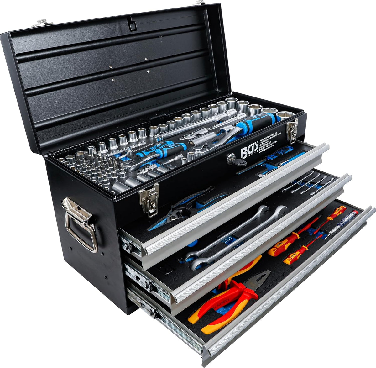 Rangement des outils BGS | Noir/Argent/Bleu/Rouge/Orange, Caisse à Outils métallique – 3 tiroirs | 147 Outils
