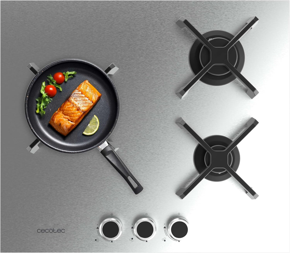 table de cuisson Cecotec – 6,2Kw | Argent/Noir, Plaque de Cuisson à Gaz Bolero Squad G 3400S Inox avec 3 Foyers