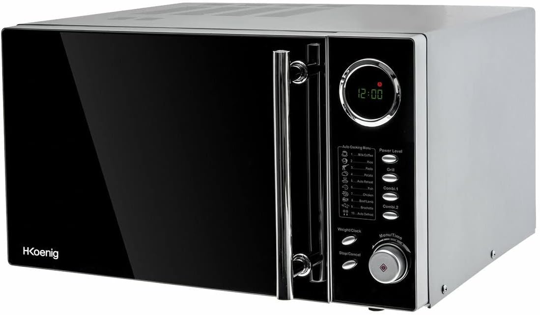 H.Koenig Classique, 25 L – 1000 W | 27 cm, Noir/Argent – Micro‑ondes multifonction | Plateau tournant, 10 modes de cuisson