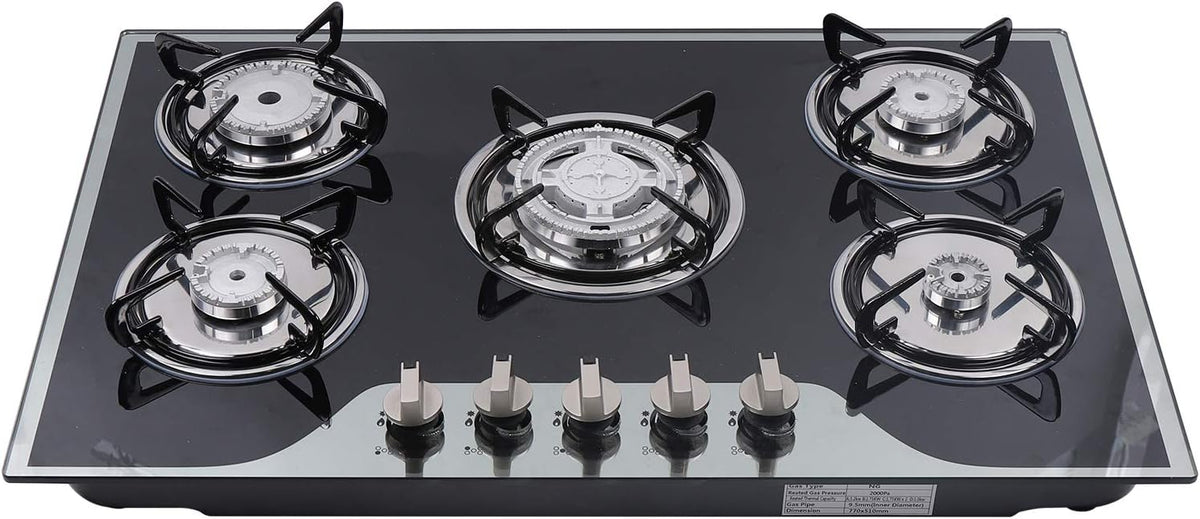 table de cuisson Kaibrite, noir (bords en miroir) – Plaque de cuisson à gaz | en verre trempé, en acier inoxydable