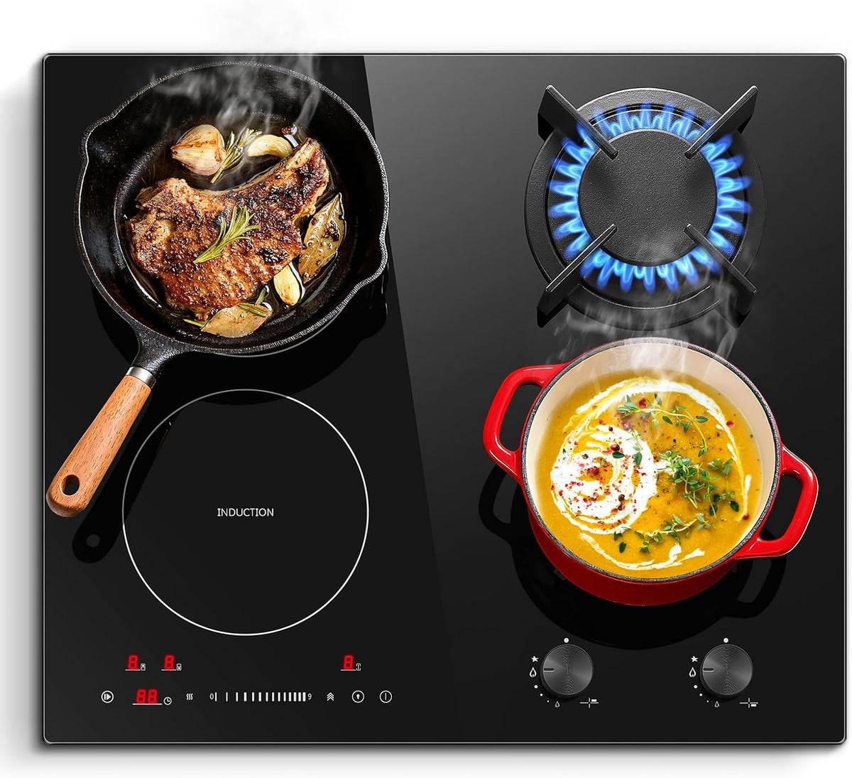 table de cuisson SNDOAS – 59 cm | 7500 W, 4100 W – 3400 W | Noir, Mixte Gaz Induction 4 Foyers – Plaque de Cuisson Induction avec Boost & Pont