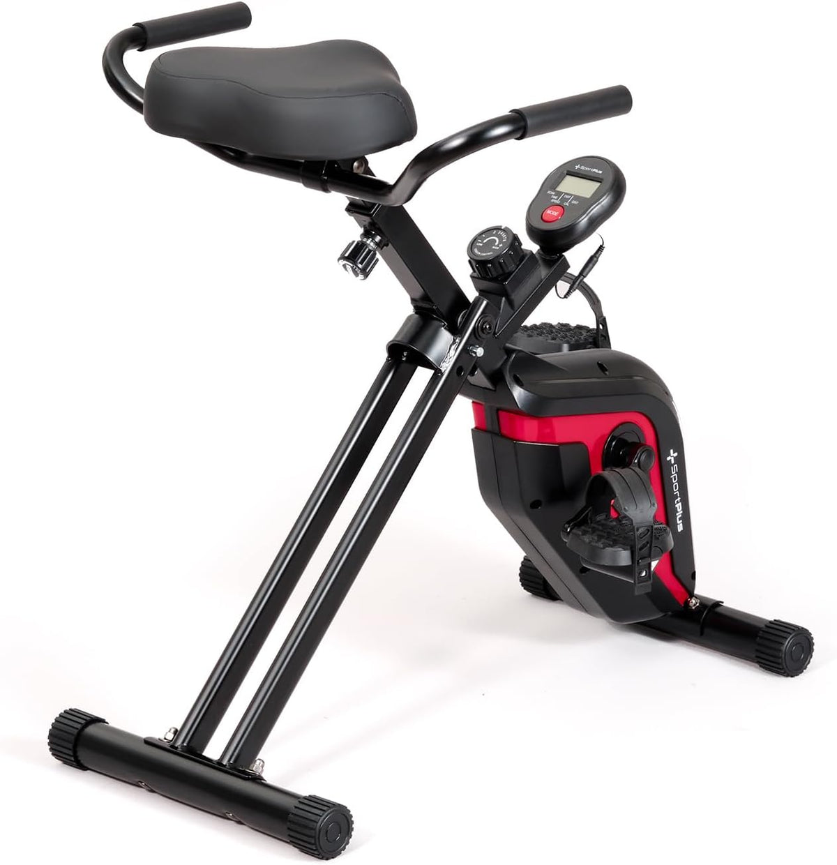 Vélos elliptiques SportPlus | Noir/Rouge, vélo d'exercice pliable – en option avec compatibilité application et dossier