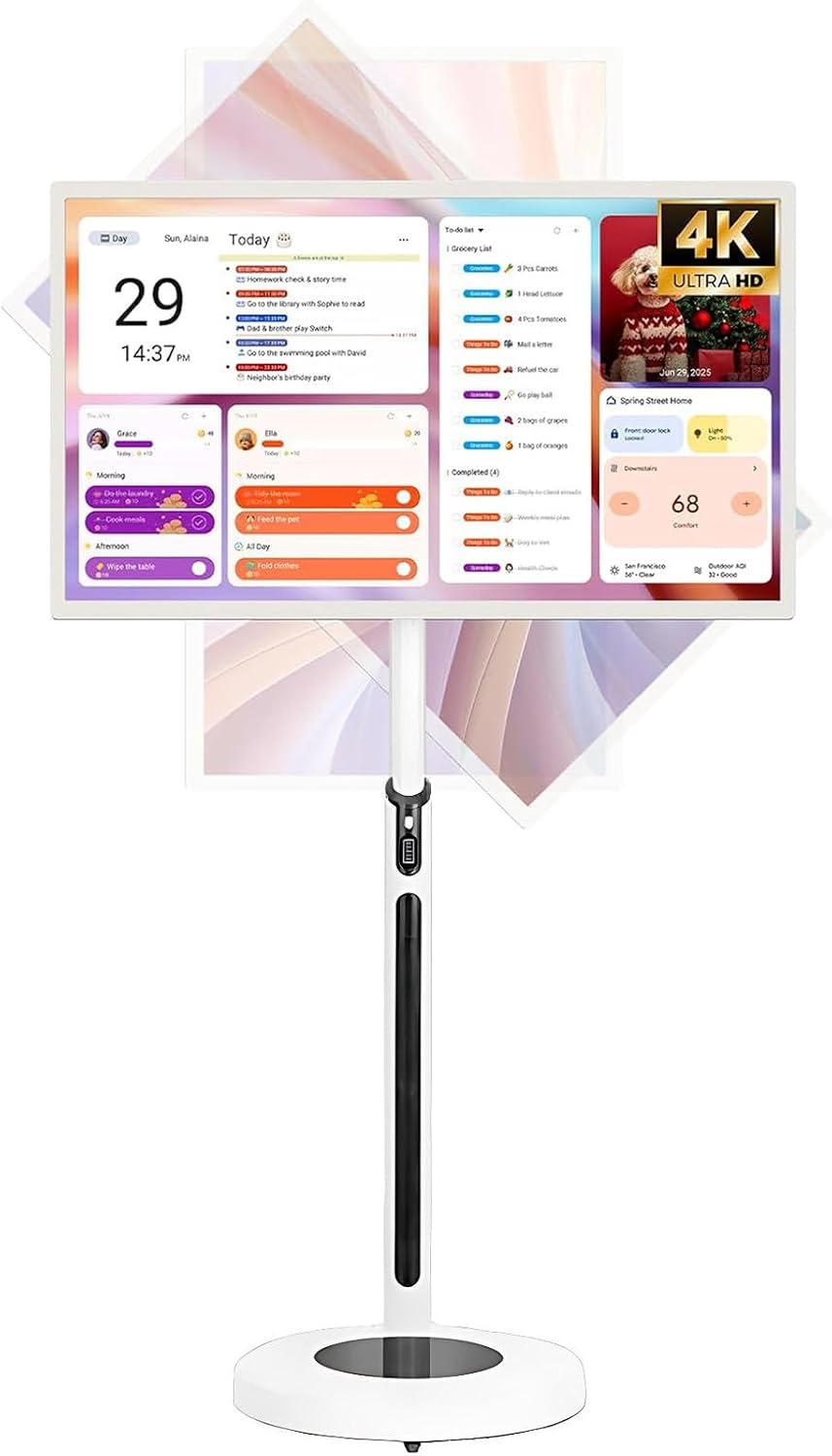 téléviseur LADECNERHT | TV, Blanc/Noir – 24'/27'/32' Portable Intelligent sur roulettes | Diffusion sans Fil, 4+64go/8+128go