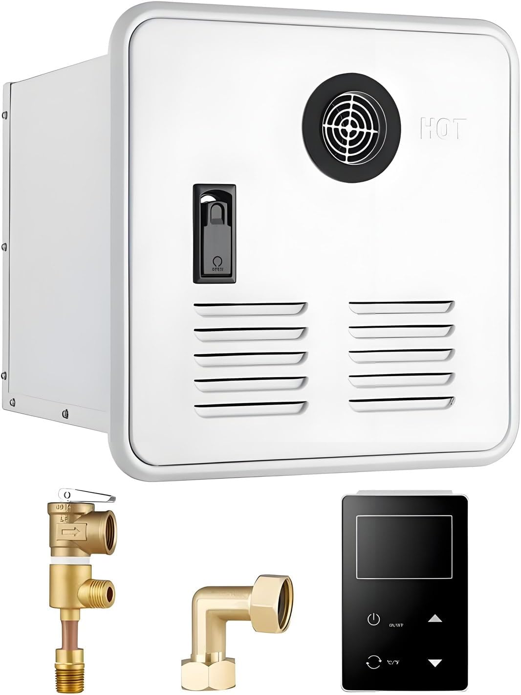 COAKUE chauffe-eau, 000 BTU – 12 V | 15 x 15, Blanc/Noir – instantané au Propane pour Camping-Car | débit Maximal de 3