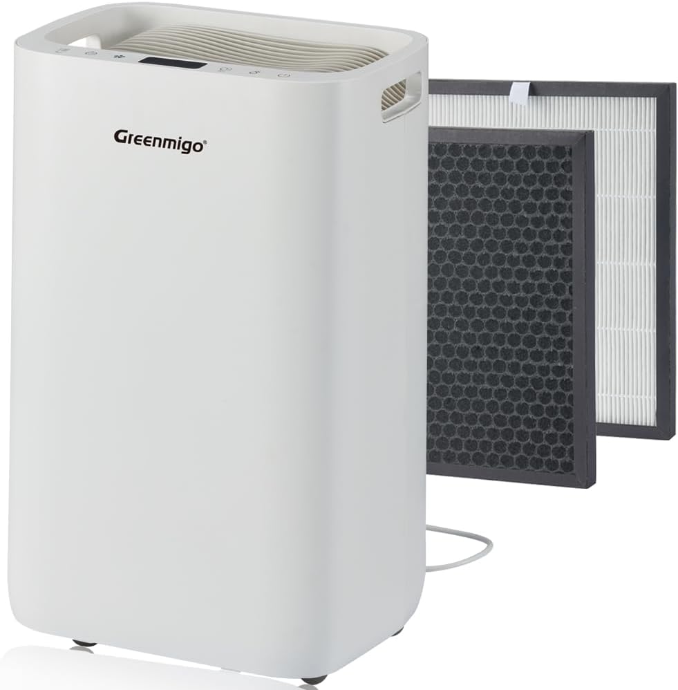 déshumidificateur Greenmigo | 20 L, 65 m – 4.5 L | Blanc, avec Ioniseur /jour pour pièce jusqu'à ² – Filtre HEPA