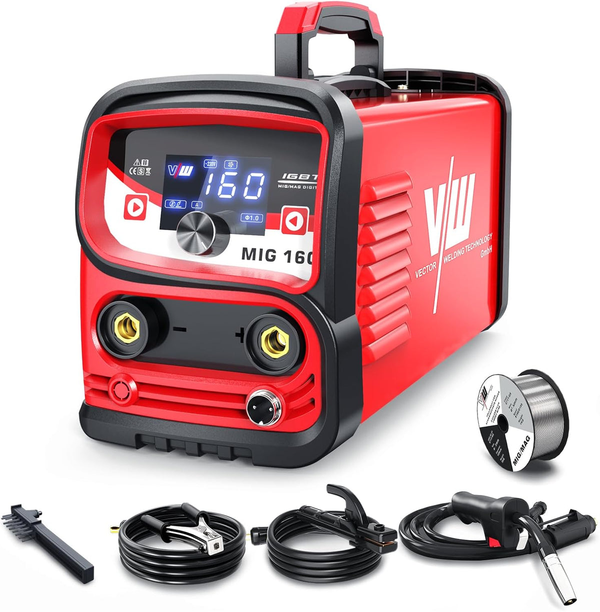 VECTOR WELDING Équipement pour soudage MIG, Rouge/Noir – Fil fourré Poste à souder MIG 160 | Ensemble de poste à souder à fil fourré pour débutants