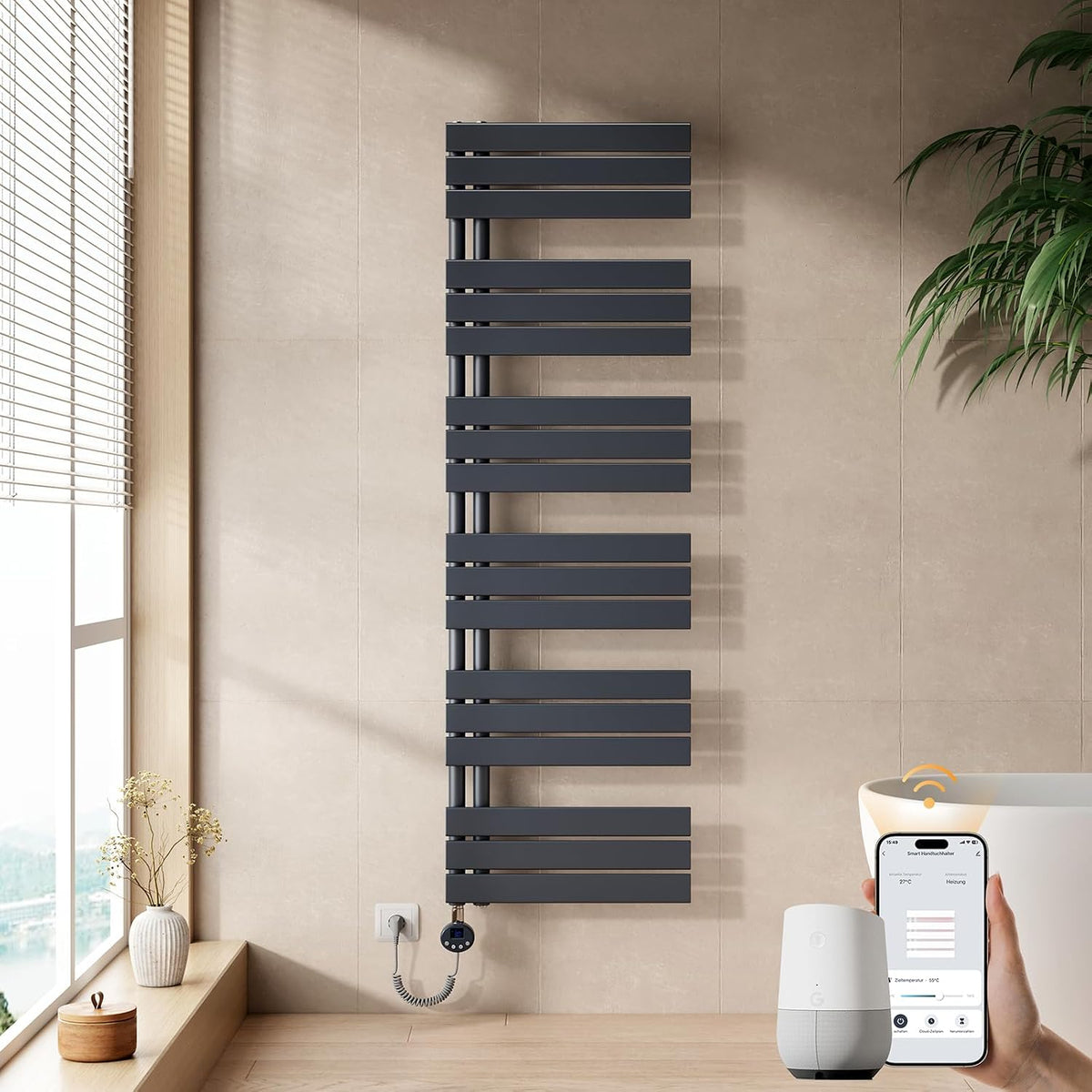 EMKE Sèche-serviettes, 1599x500 mm – 1000 W | Anthracite, Seche Serviette Electrique – Porte-Serviettes Chauffant avec WiFi Thermostat