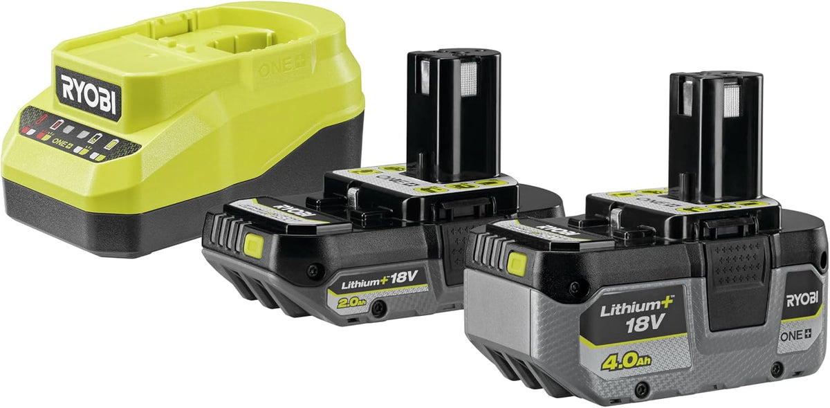 batterie RYOBI | 18 V, 4,0 Ah – 2,0 Ah | Jaune/Noir/Gris, Pack Chargeur Rapide 2 – 0A + Lithium+ + One+ | RC18120A-242X