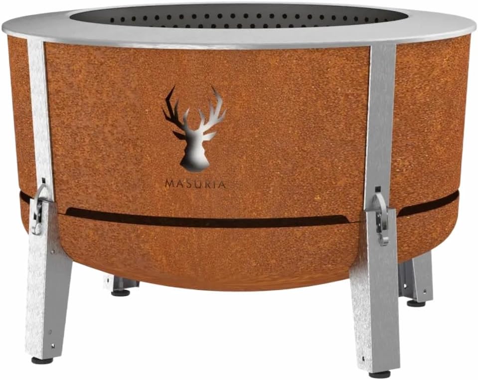 braséro Masuria | 80 cm, Rouille/Argent – Brasero Exterieur sans fumée ⌀ Alpha 800 | Réduction de fumée brevetée Jusqu'à 95%