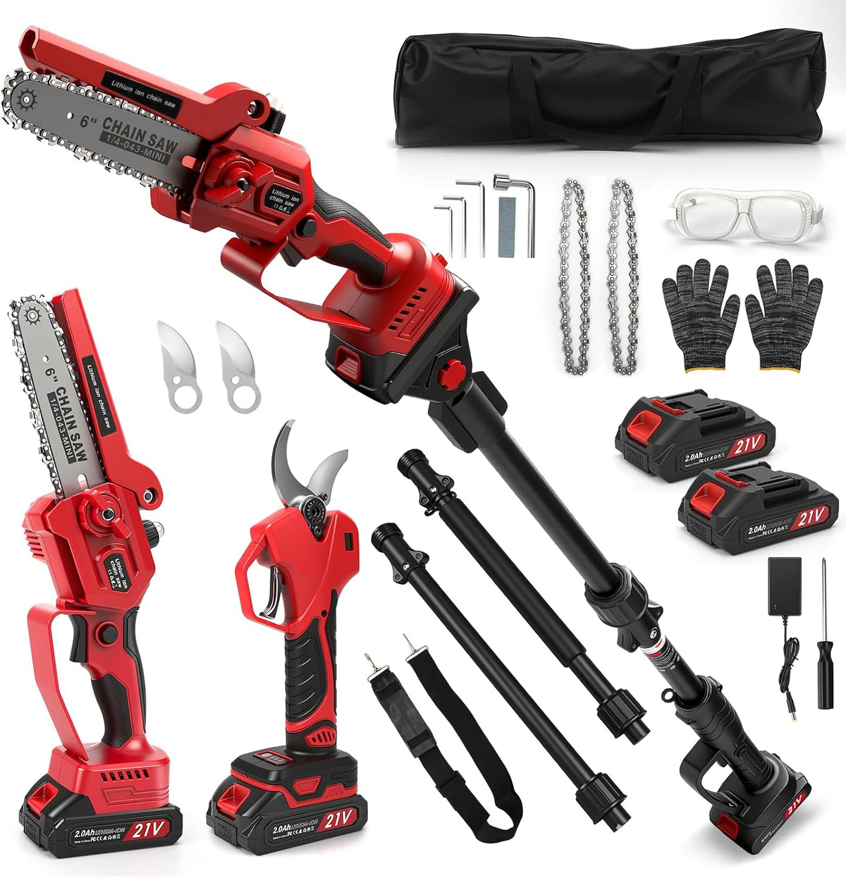 Outillage de jardin motorisé WingFly – 6 Pouces | 55 mm, 4,5 m – Rouge/Noir | Mini Tronconneuse avec Perche & Secateur Electrique Telescopique