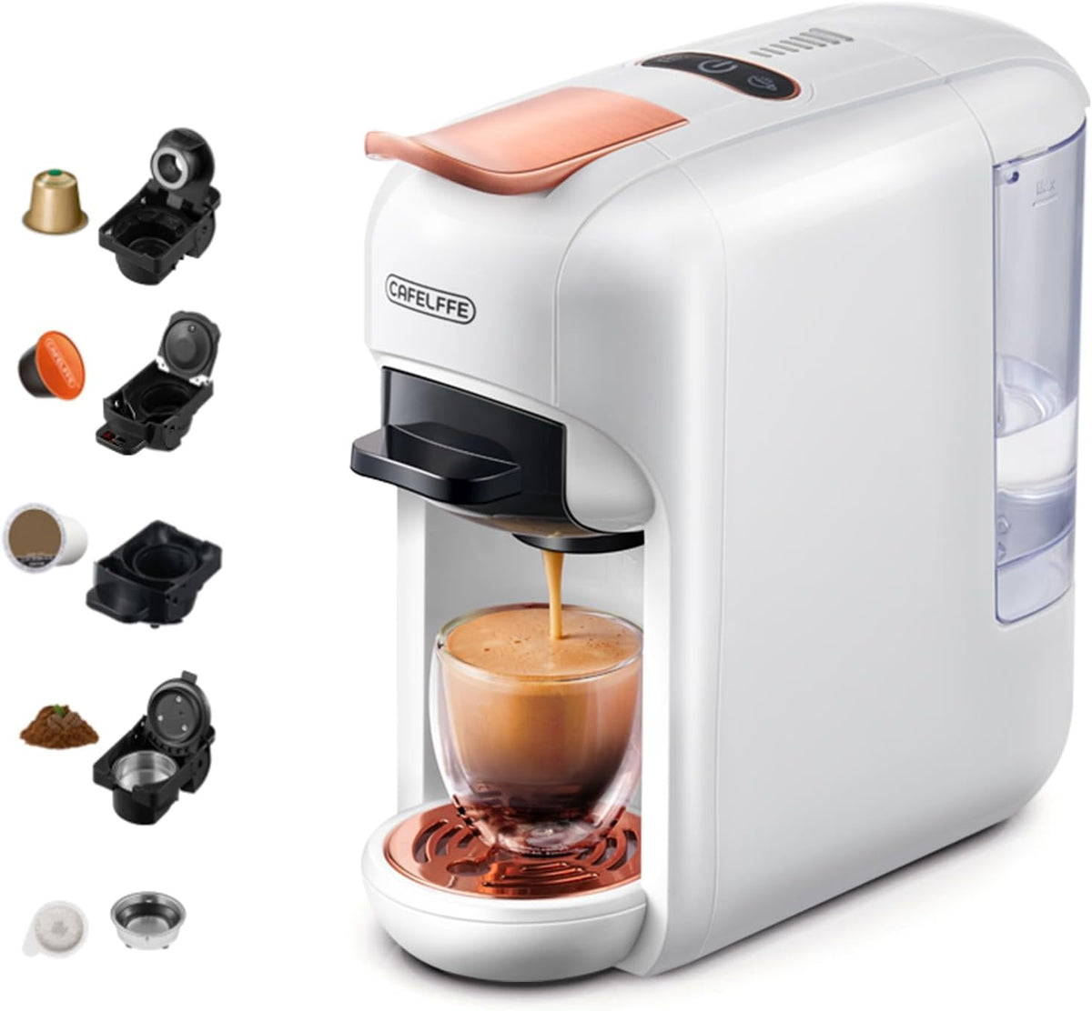 Cafelffe machine à café, cafetière – 44 mm | 1450 W, Blanc/Cuivre – MK-606 à capsules à service 5-en-1 | Machine à expresso chaud/froid 19 bars