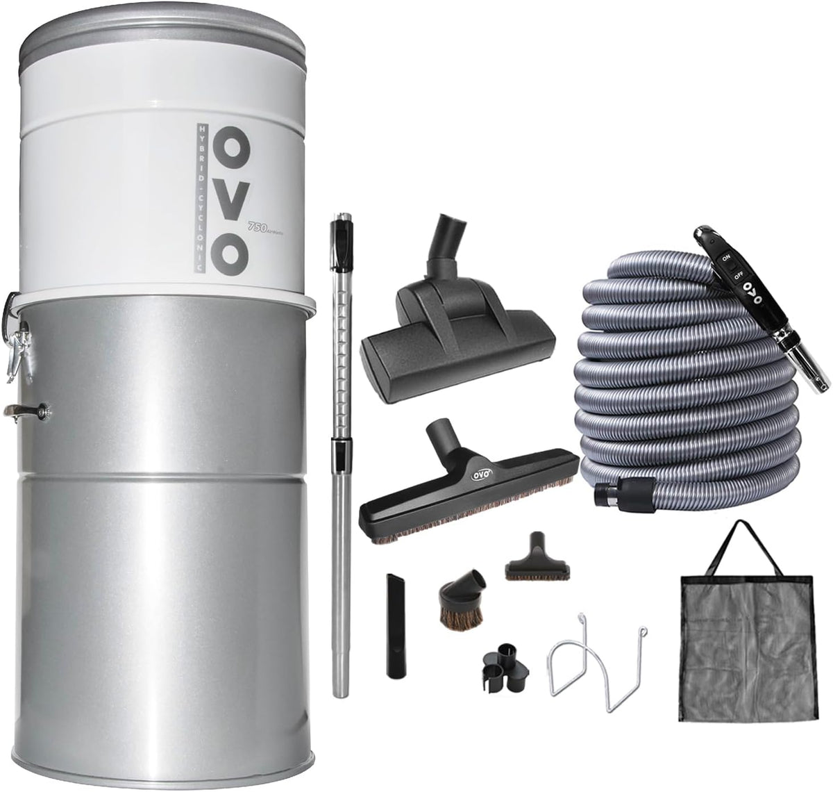 Système d'aspiration centrale OVO – 35 L | 12,2 m, Blanc/Gris/Noir – Système d'aspirateur Central Puissant et Robuste