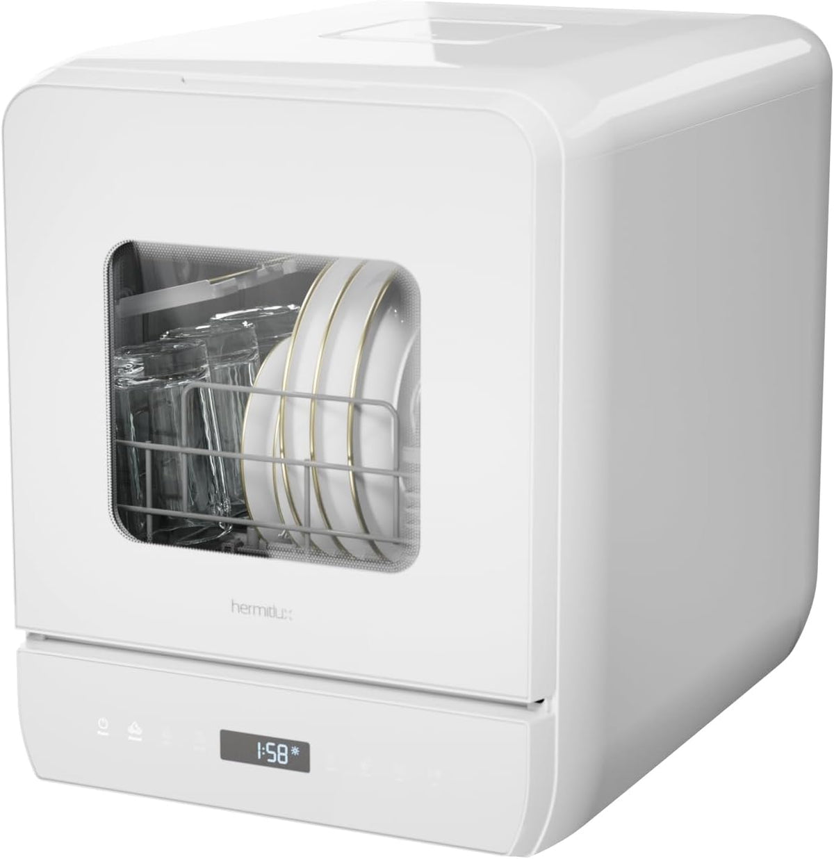 Hermitlux Lave-vaisselles posables, 5 L – Blanc | Mini lave-vaisselle de table, 6+1 Programmes de lavage – 5 Couverts et réservoir d'eau