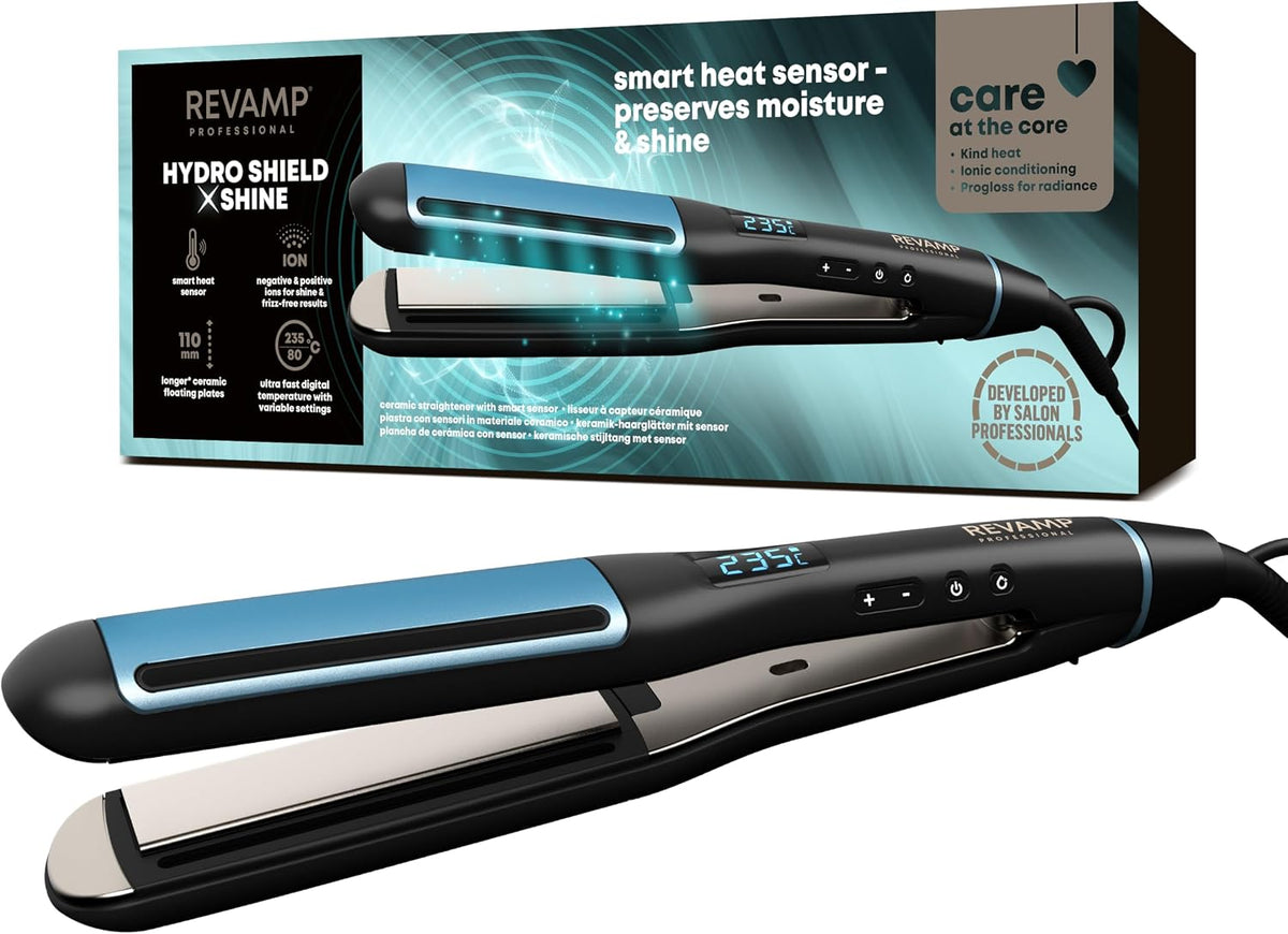 Appareils et outils de coiffure REVAMP – Noir/Bleu | Hydro Shield X Shine Lisseur Céramique, Fer à Lisser à Plaques Larges pour Cheveux Longs et Épais
